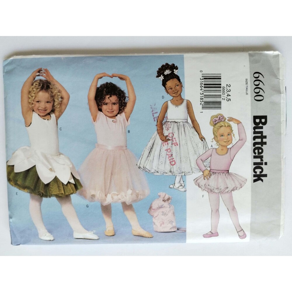 6660 Butterick Pattern, Childs/Girls Leotard Skirt Bag Ponytail Holder Size 2-5